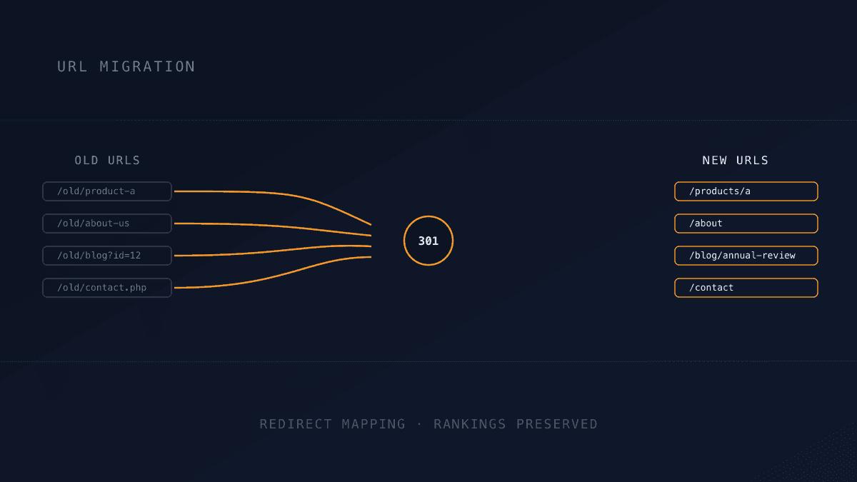Diagram of old URLs redirecting through a 301 to their new equivalents, preserving search rankings during a website migration