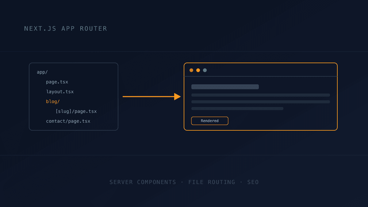 A file tree of Next.js App Router routes with an arrow pointing to a rendered browser page, representing server components and file-based routing