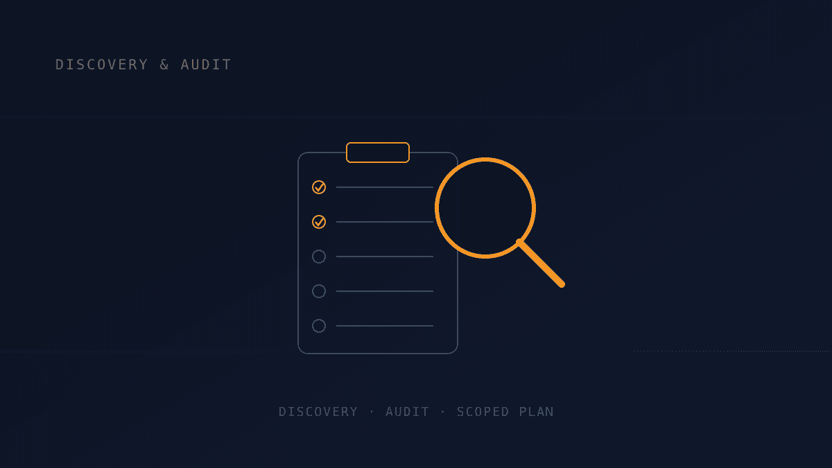 A checklist clipboard with a magnifying glass over it, representing a website discovery and technical audit process