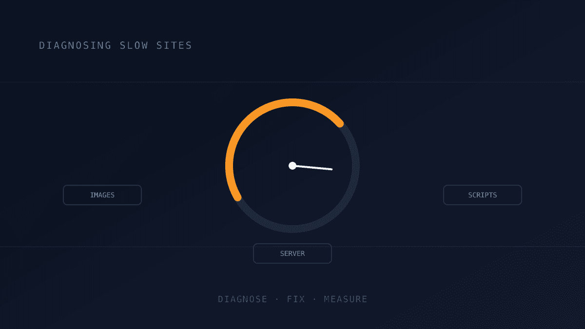 A speed gauge with the needle moving from slow toward fast, with labels for images, scripts, and server as common causes of a slow website
