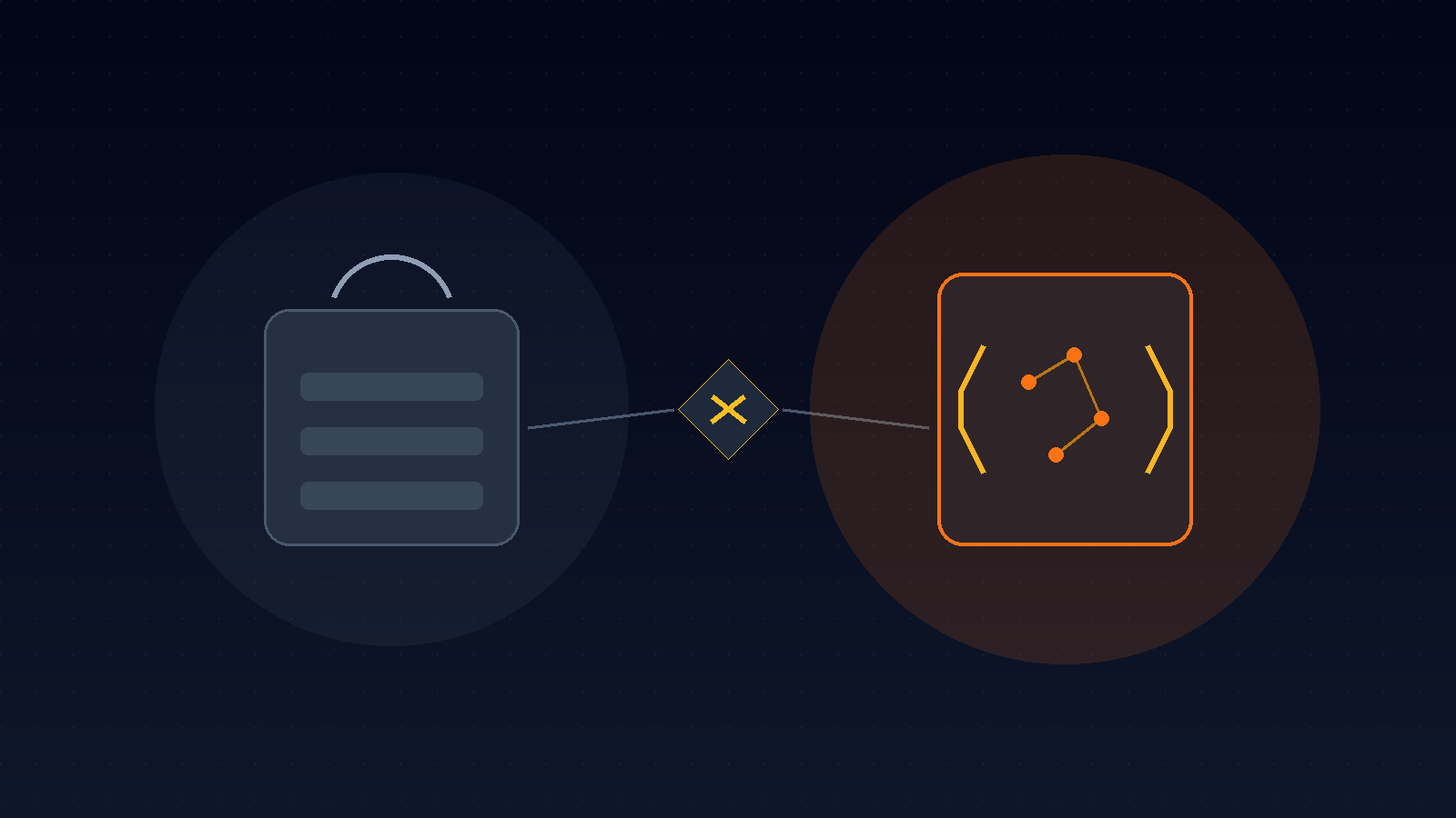Abstract diagram of a Shopify-style template block on the left and a custom Next.js code-bracket icon on the right, connected by a line meeting at a diamond, representing the two storefront paths
