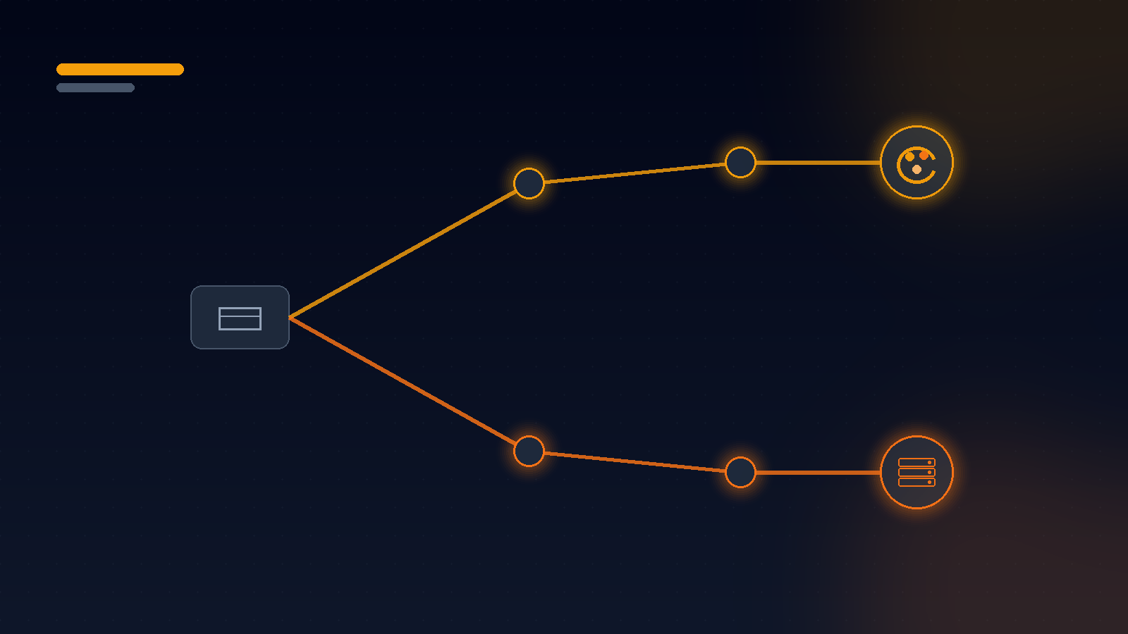 Abstract diagram showing one website icon splitting into two diverging paths, one leading to a color-palette icon labeled redesign and the other to a server-stack icon labeled migration.