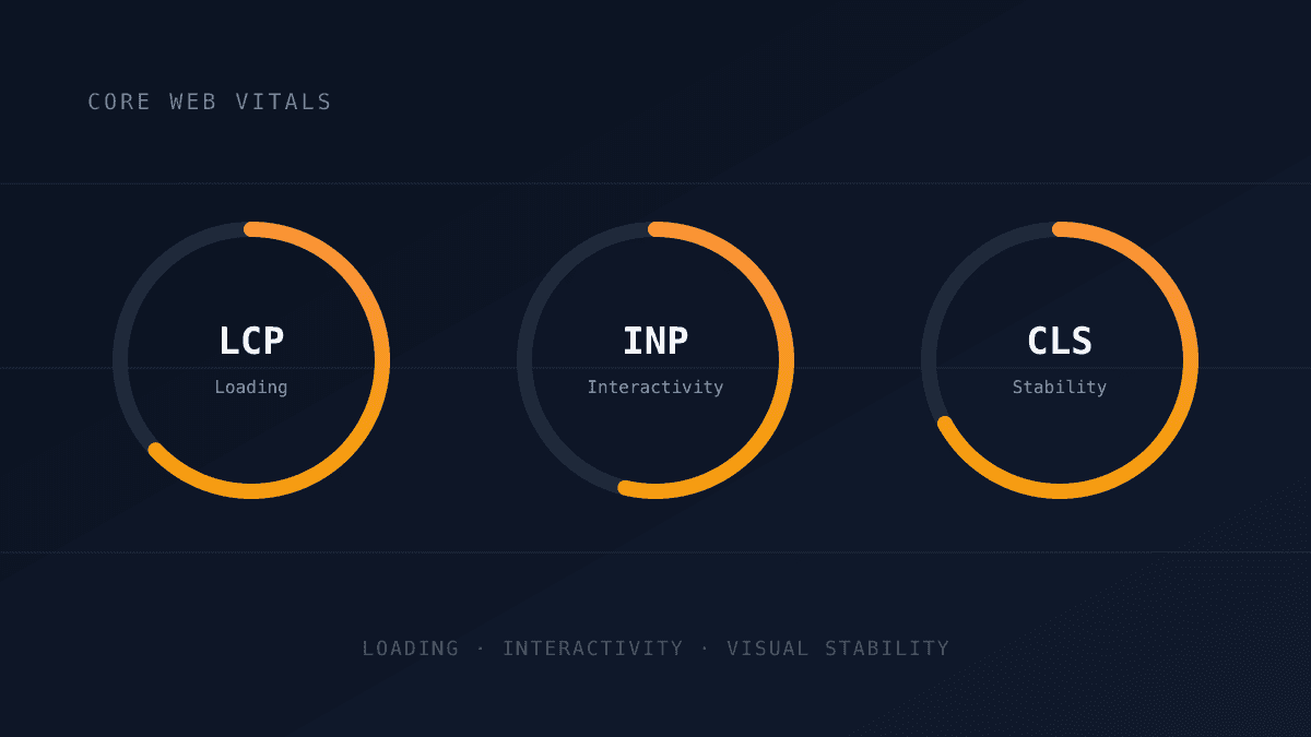 Three circular gauges labeled LCP, INP, and CLS representing Google's Core Web Vitals metrics