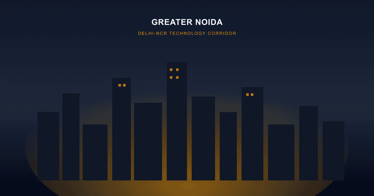 Stylized illustration of the Greater Noida skyline under an amber sunrise glow