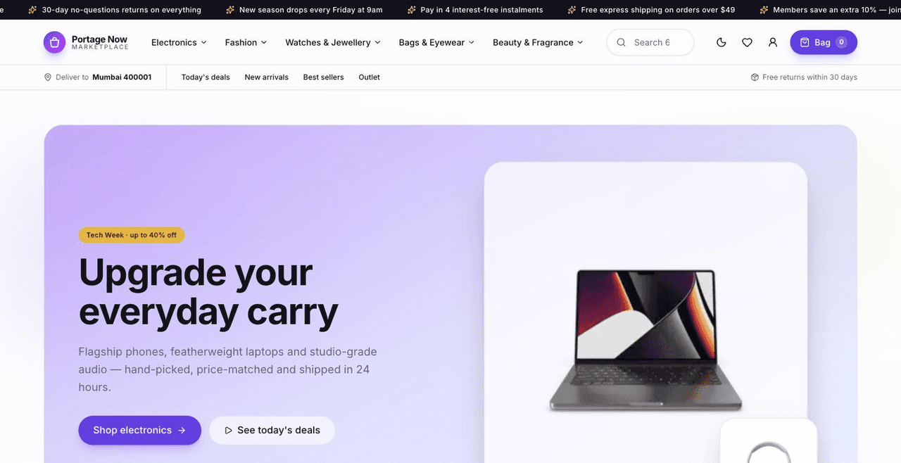 E-Commerce template — storefront and cart