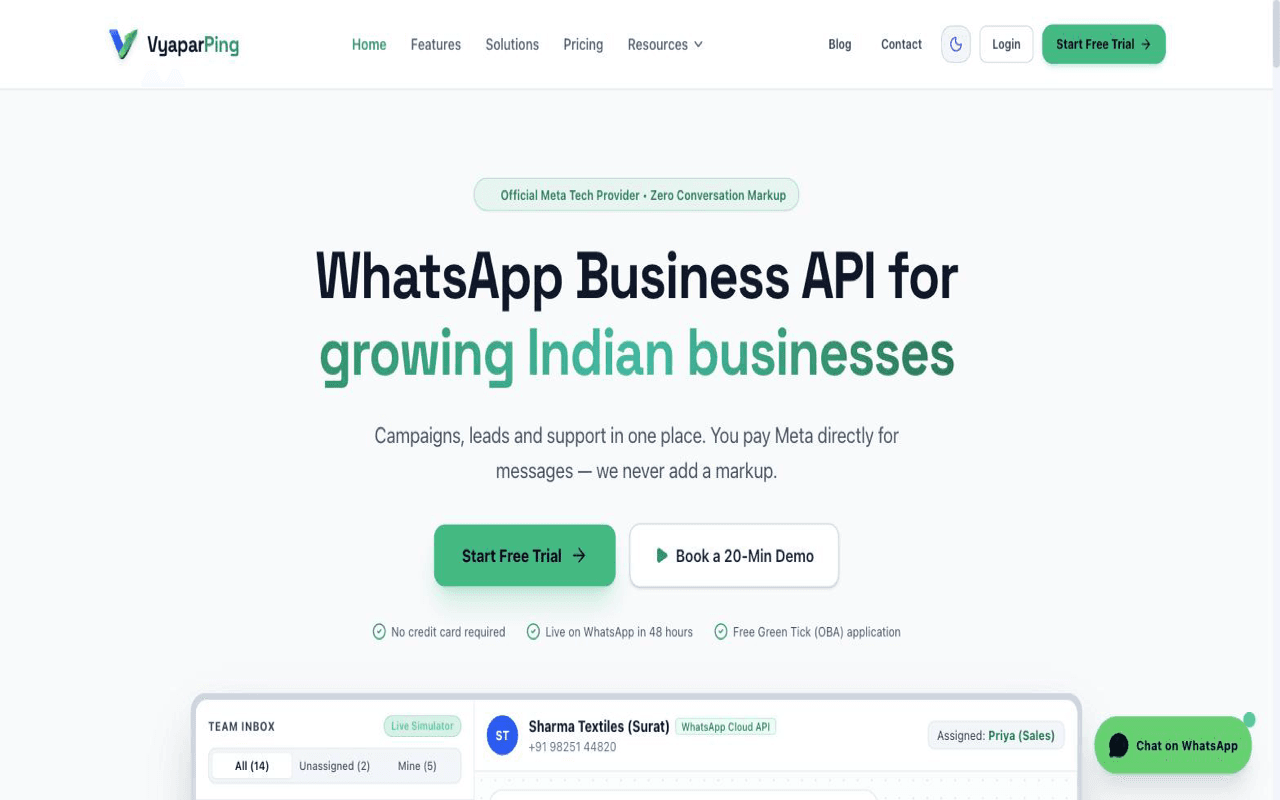 The VyaparPing marketing site home page